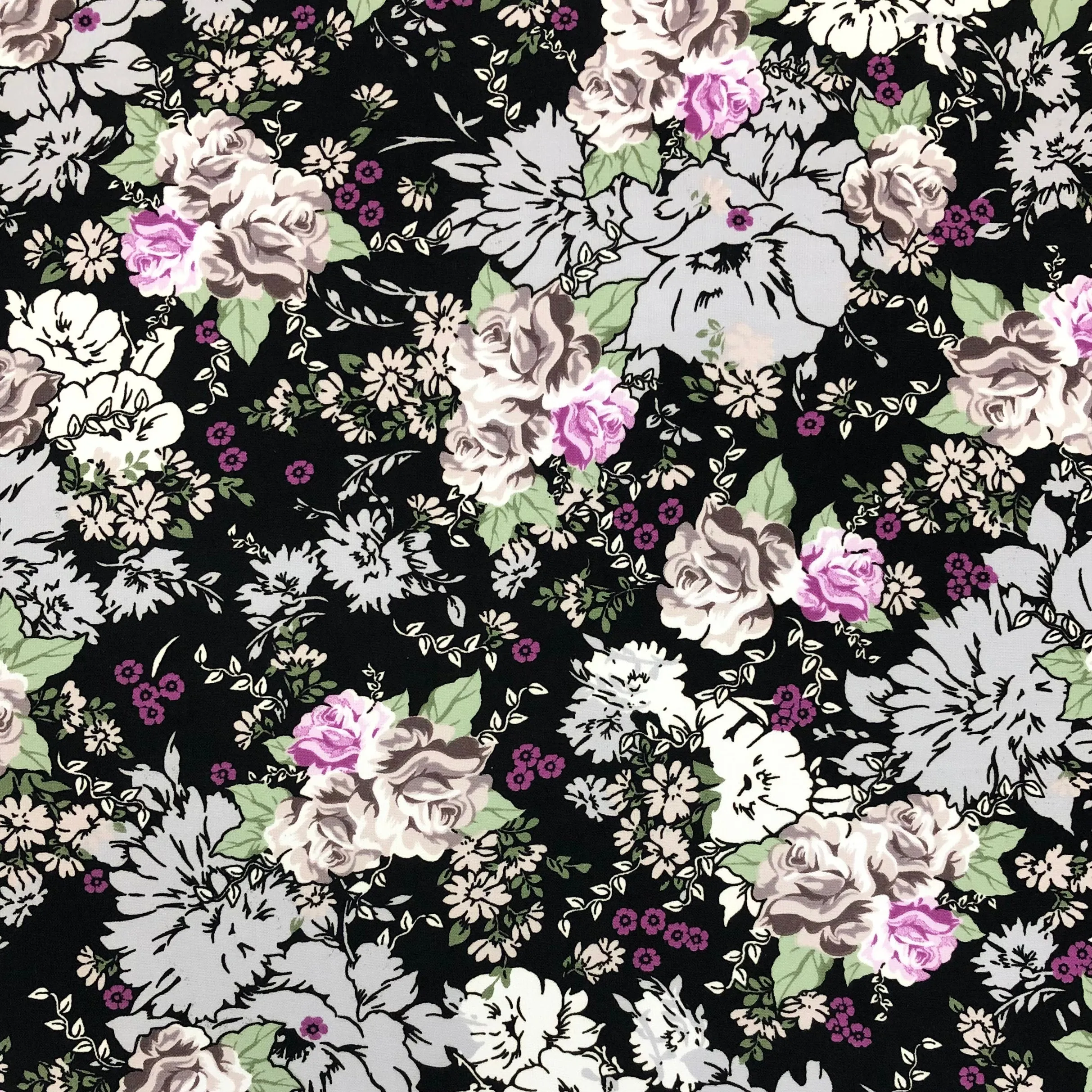 All Over Floral on Black Polyester Fabric