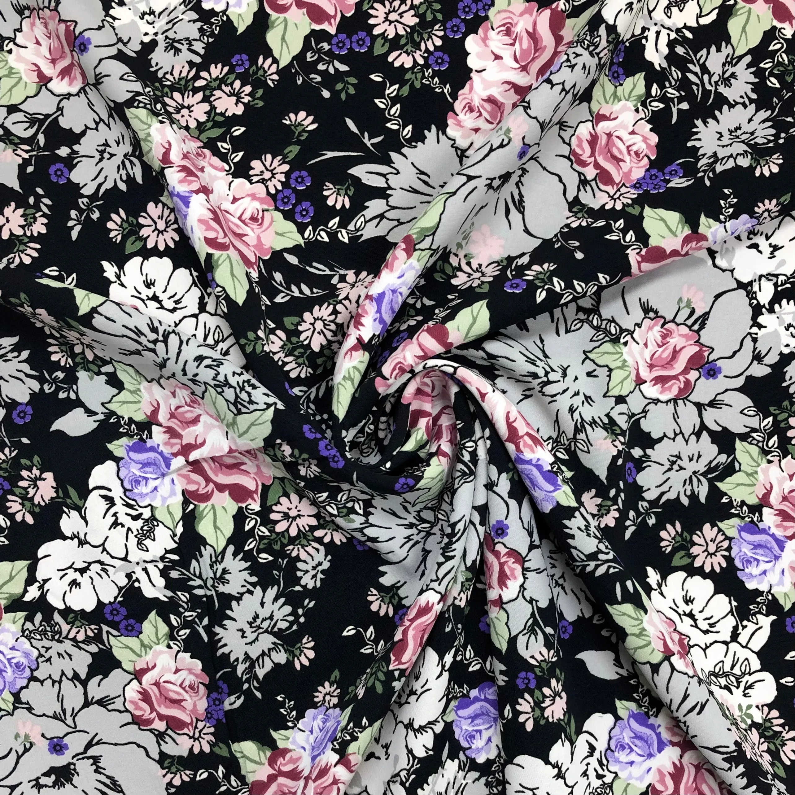 All Over Floral on Black Polyester Fabric