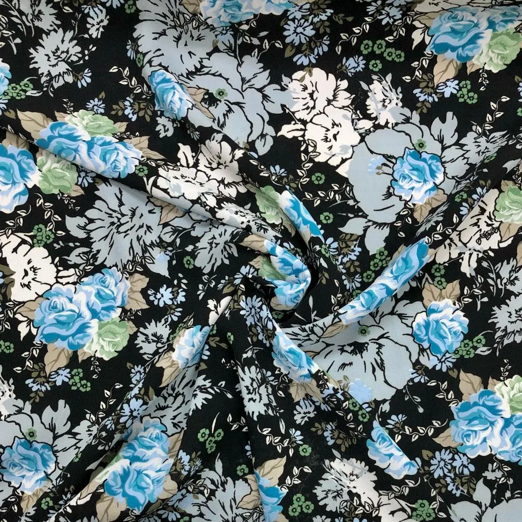 All Over Floral on Black Polyester Fabric