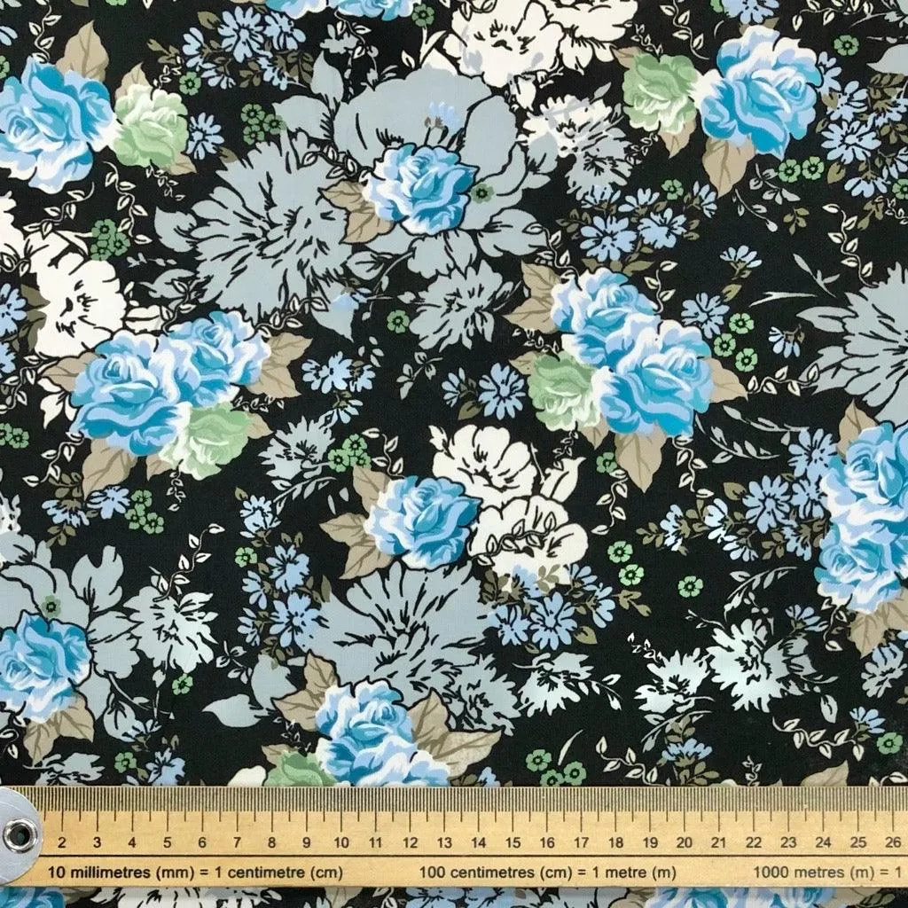 All Over Floral on Black Polyester Fabric