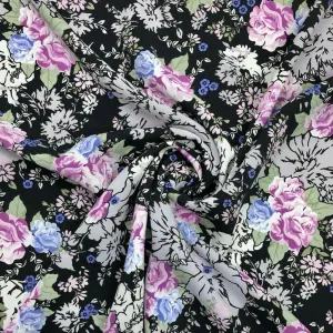 All Over Floral on Black Polyester Fabric
