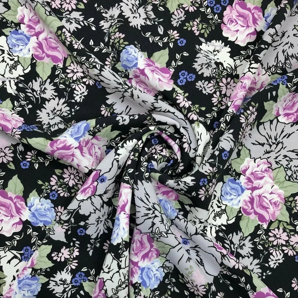 All Over Floral on Black Polyester Fabric
