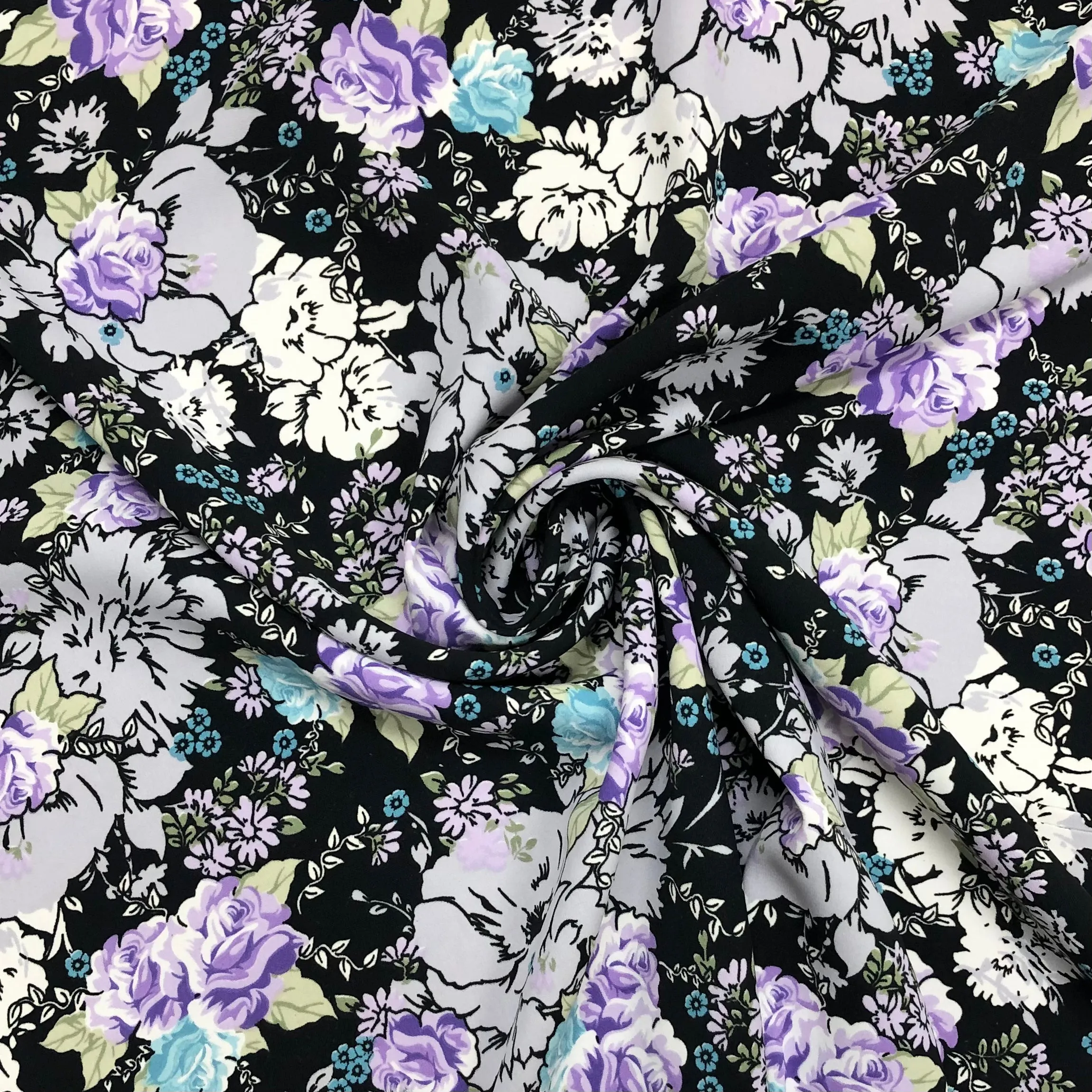 All Over Floral on Black Polyester Fabric