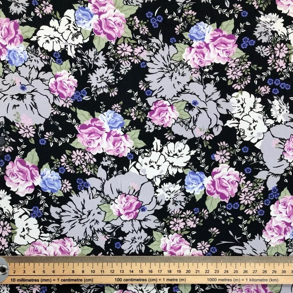 All Over Floral on Black Polyester Fabric
