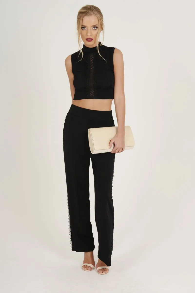 Black Crochet Trim Wide Leg Co-ord - Devlin