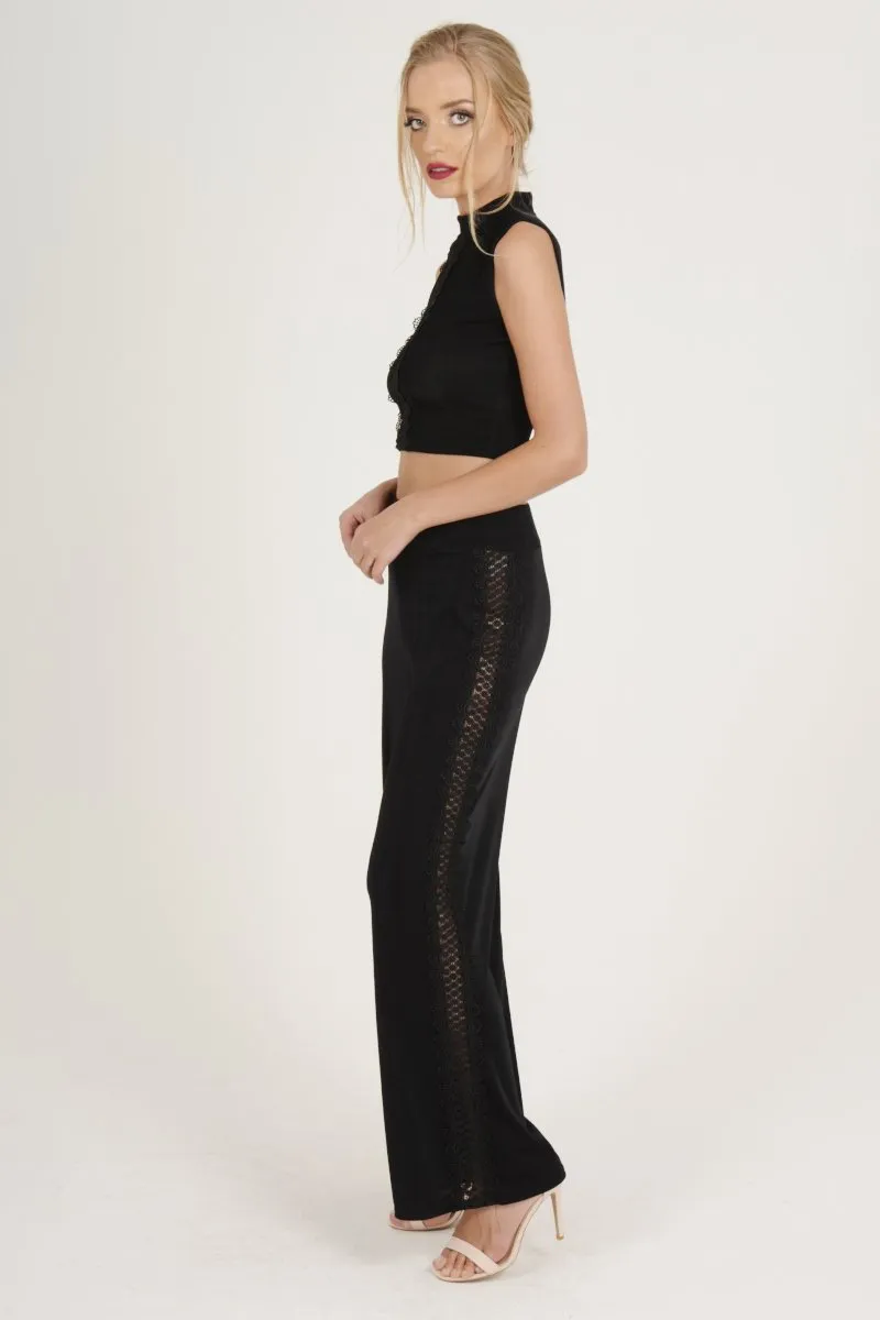 Black Crochet Trim Wide Leg Co-ord - Devlin