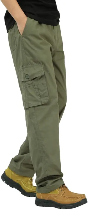 Mens Workout Cargo Sweatpants Drawstring Loose Waist Solid Color Pants Pocket Loose Fleece Casual Pants Men Fashion