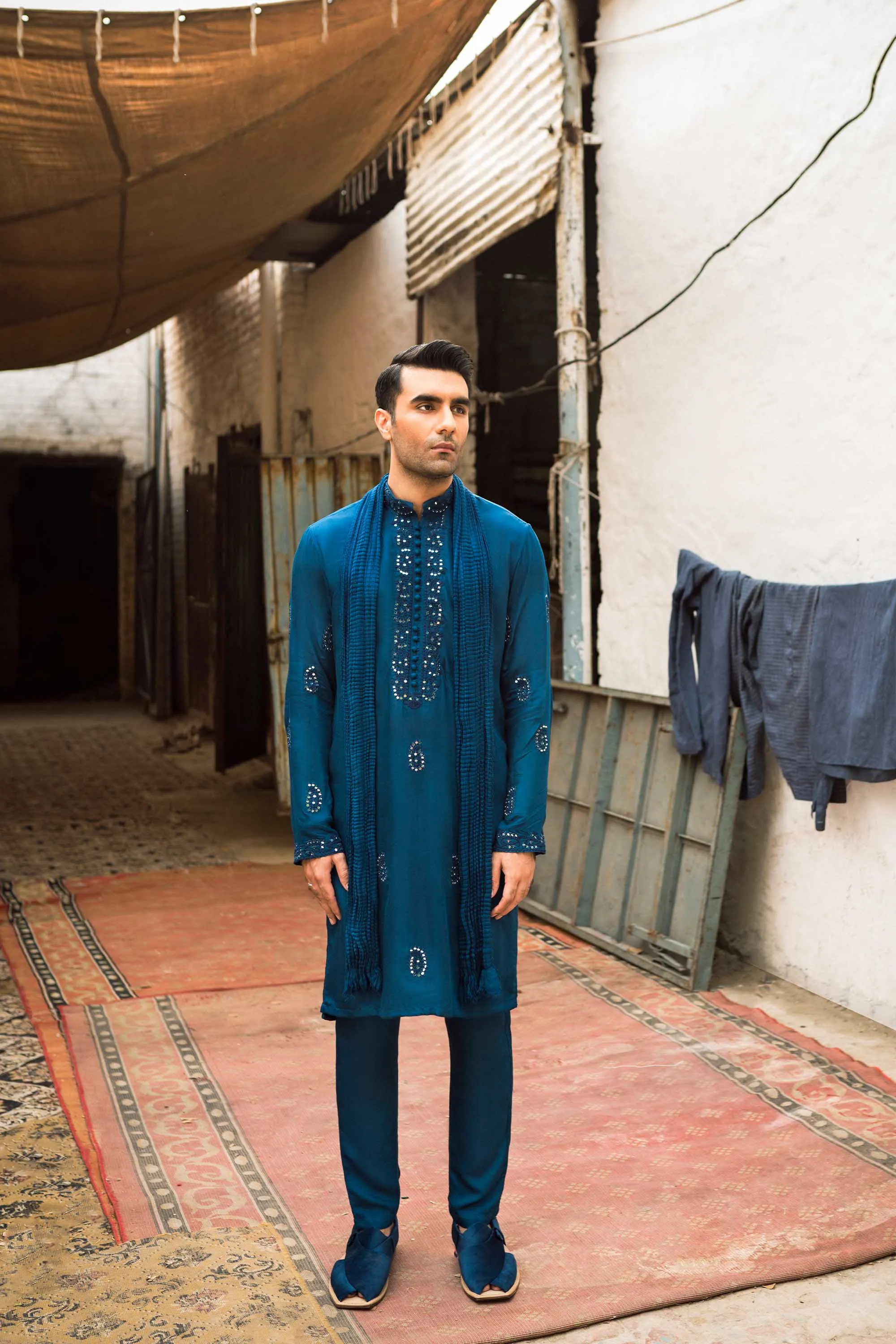 Peacock Blue Mirror Embroidered Kurta Set