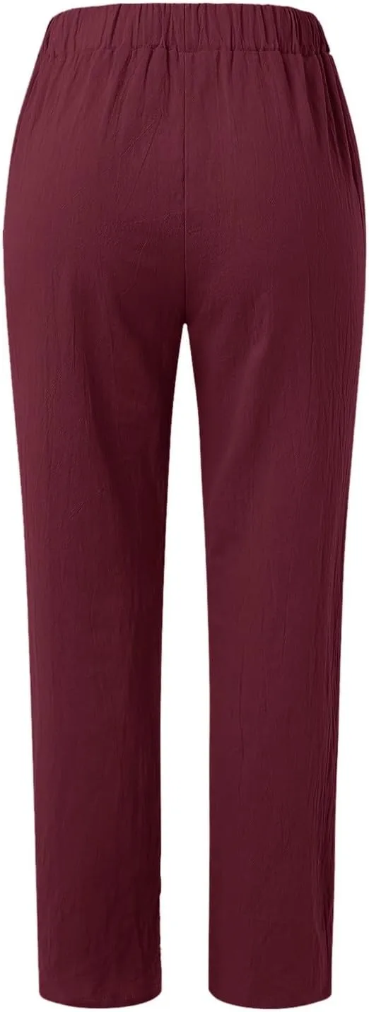 Women Linen Pants Loose Fit Summer Casual Boho Straight Leg High Waist Solid Color Linen Pants Breathable Ankle Trousers