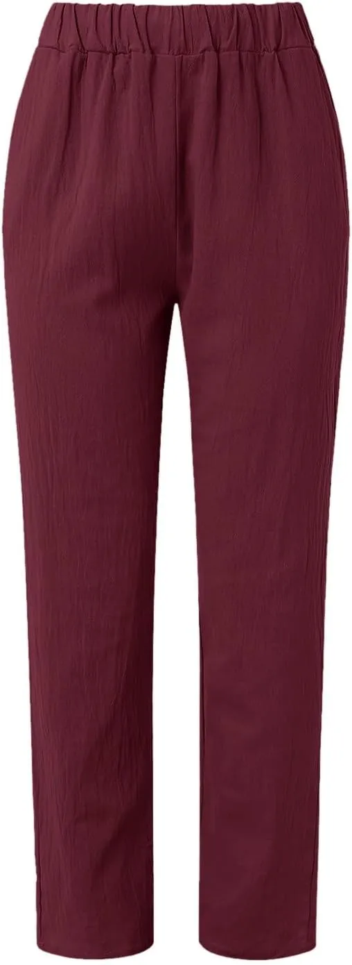 Women Linen Pants Loose Fit Summer Casual Boho Straight Leg High Waist Solid Color Linen Pants Breathable Ankle Trousers