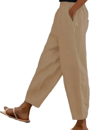 Womens Linen Pants Casual Summer Loose Beach Solid Color Plus Size High Waist Linen Pants Soft Ankle Trousers with Pockets
