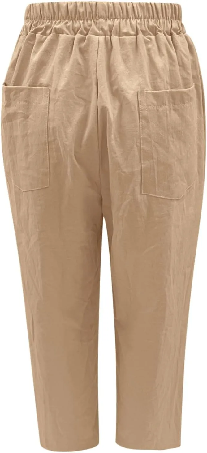 Womens Linen Pants Casual Summer Loose Beach Solid Color Plus Size High Waist Linen Pants Soft Ankle Trousers with Pockets