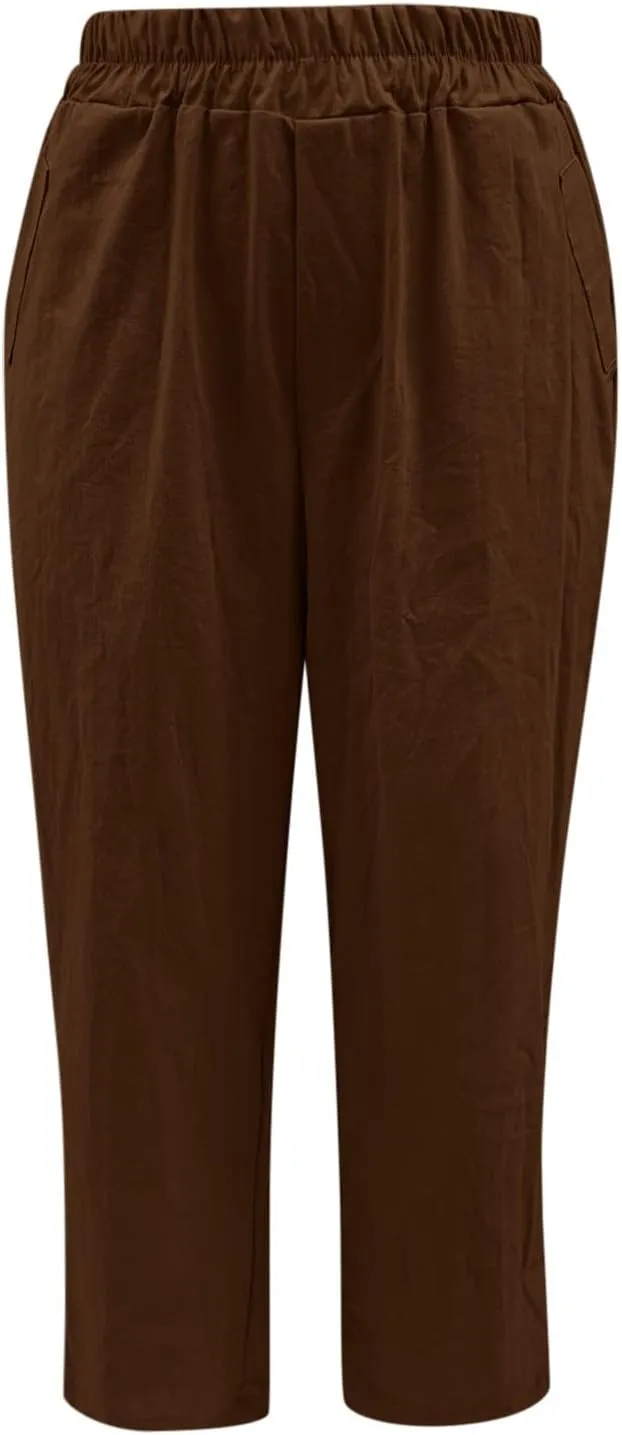 Womens Linen Pants Casual Summer Loose Beach Solid Color Plus Size High Waist Linen Pants Soft Ankle Trousers with Pockets