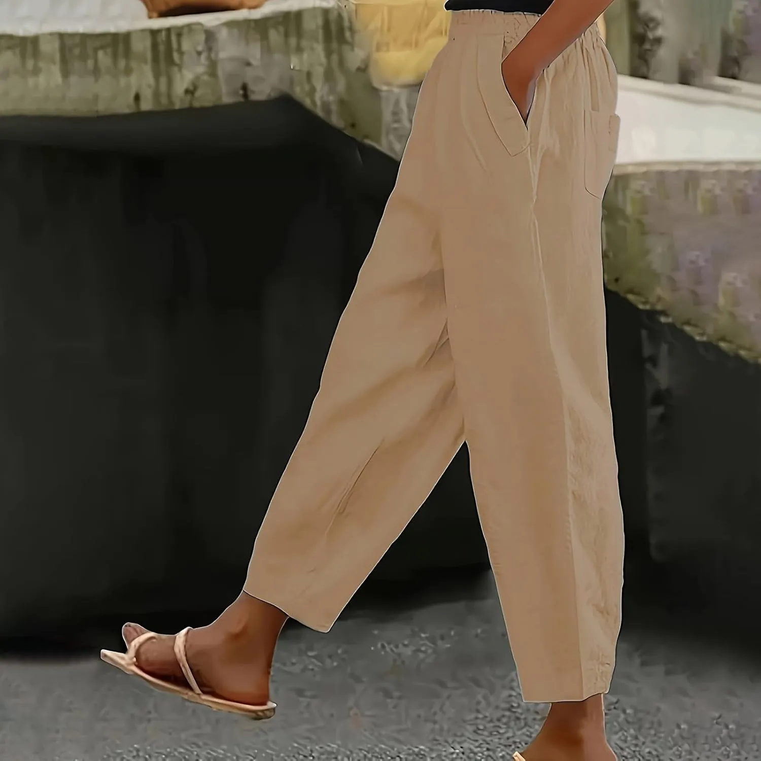 Womens Linen Pants Casual Summer Loose Beach Solid Color Plus Size High Waist Linen Pants Soft Ankle Trousers with Pockets