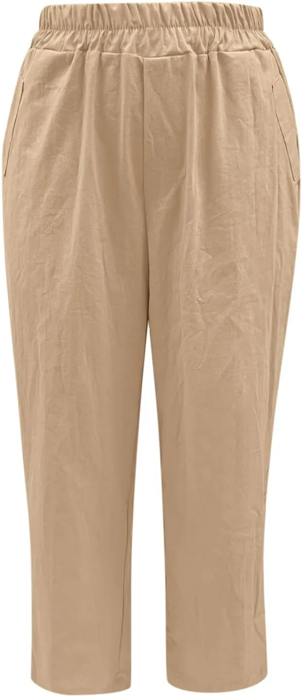 Womens Linen Pants Casual Summer Loose Beach Solid Color Plus Size High Waist Linen Pants Soft Ankle Trousers with Pockets