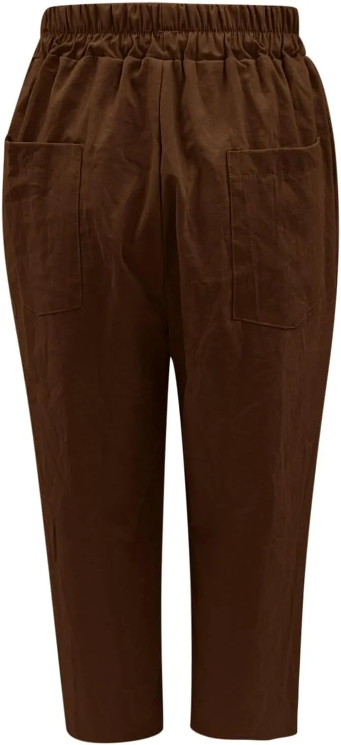 Womens Linen Pants Casual Summer Loose Beach Solid Color Plus Size High Waist Linen Pants Soft Ankle Trousers with Pockets