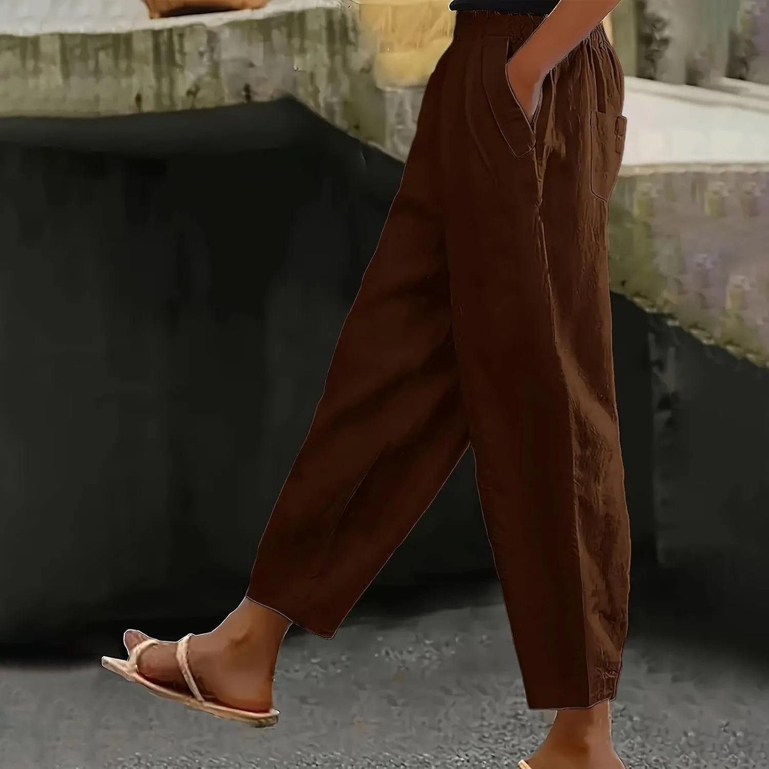 Womens Linen Pants Casual Summer Loose Beach Solid Color Plus Size High Waist Linen Pants Soft Ankle Trousers with Pockets