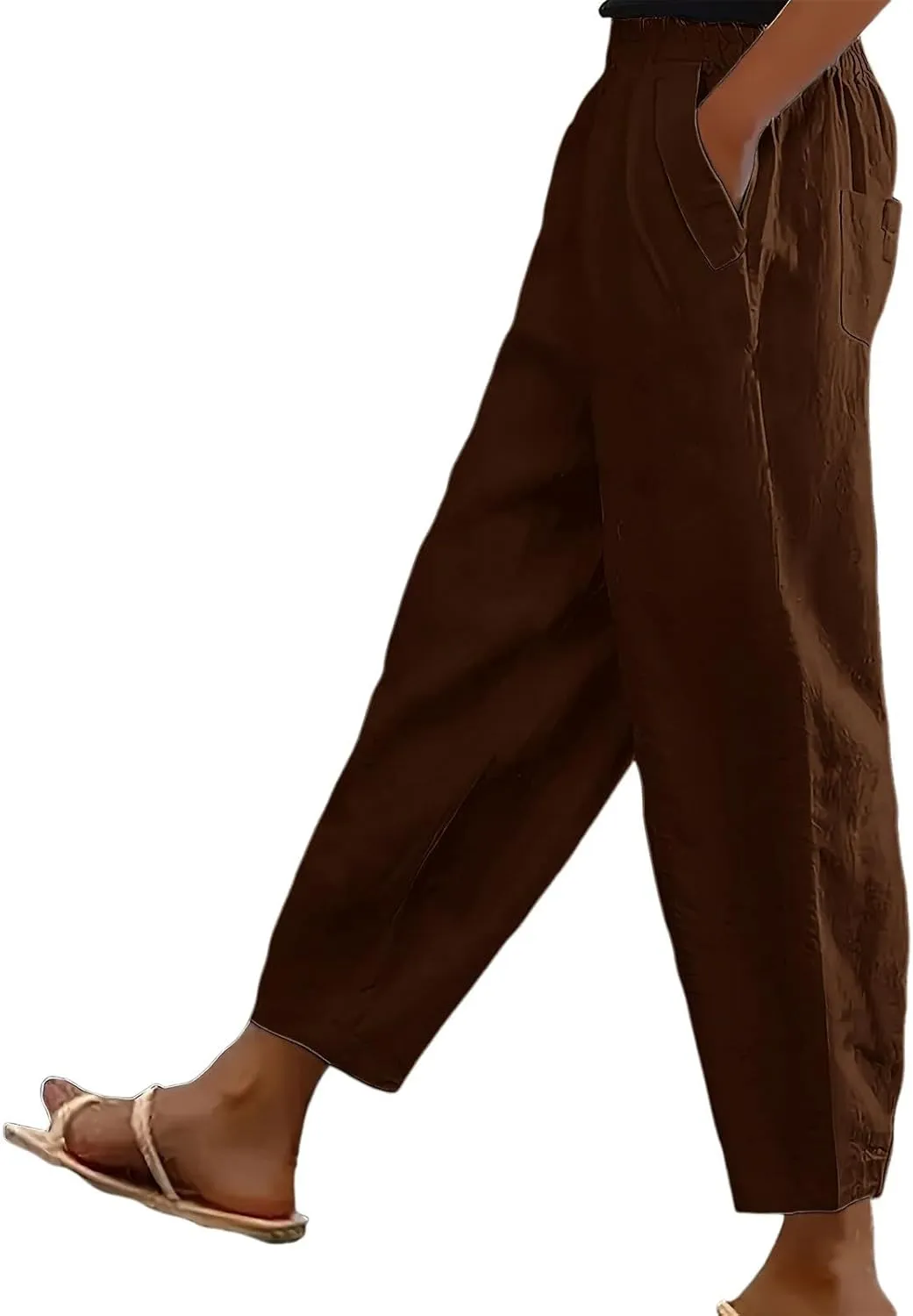 Womens Linen Pants Casual Summer Loose Beach Solid Color Plus Size High Waist Linen Pants Soft Ankle Trousers with Pockets